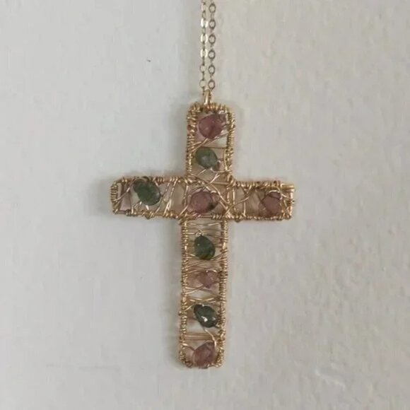 14KT GF Wire Wrap Semi Precious Stones Cross Pendant Necklace - Picture 4 of 4